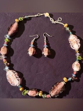 Vintage Handmade Pink Tones Art Glass Bead Necklace and Earring Set 16”
